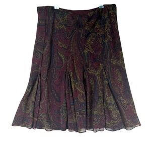 Chaps Midi Skirt Womens 14 Burgundy Paisley Pleated A-Line Boho Chiffon